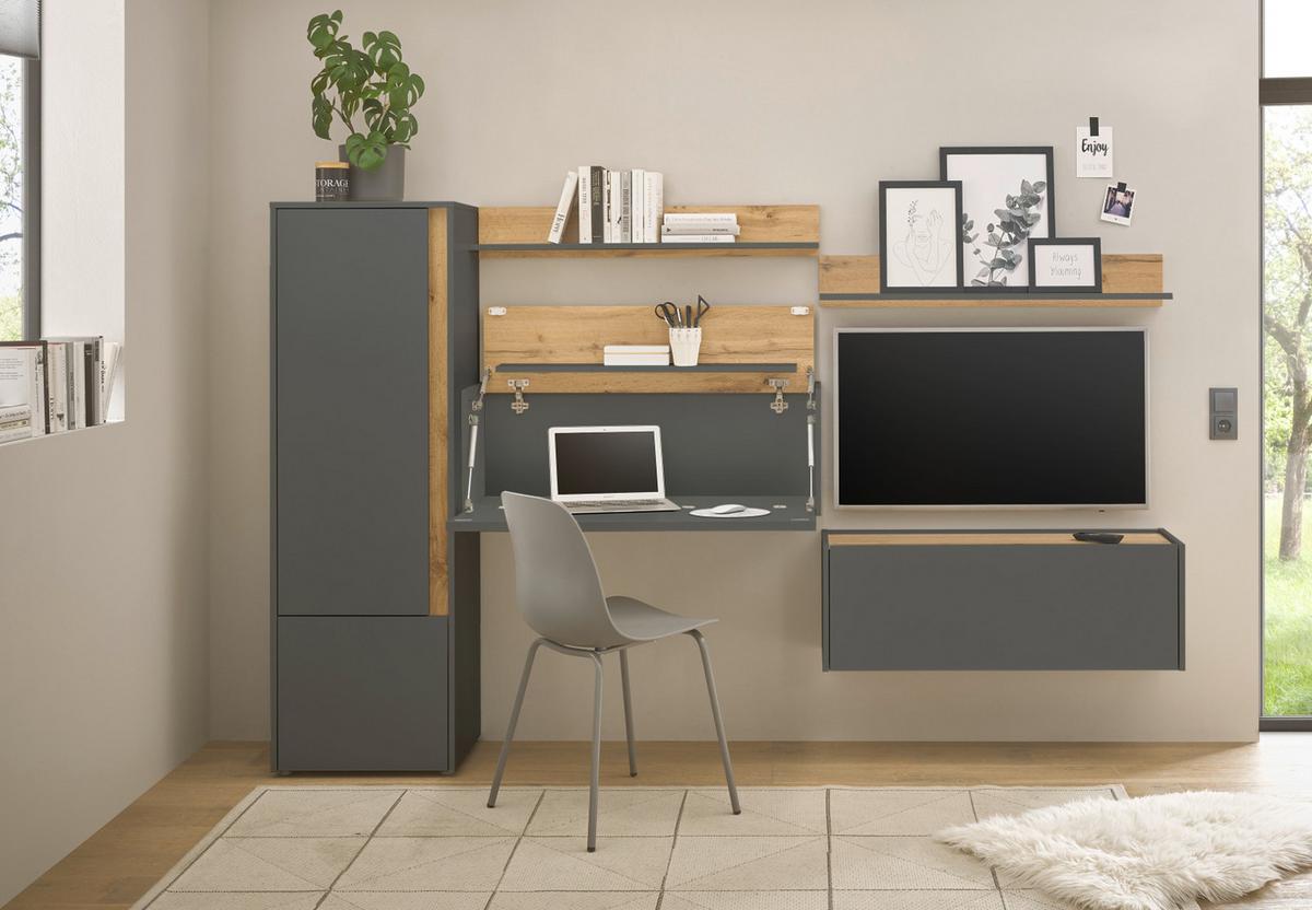 WOHNWAND grau matt, Eiche Wotan 5-teilig 250 cm, Wohnkombination mit Sekretär - Grau, Holzwerkstoff/Kunststoff (250/158/40cm) - Furn.Design