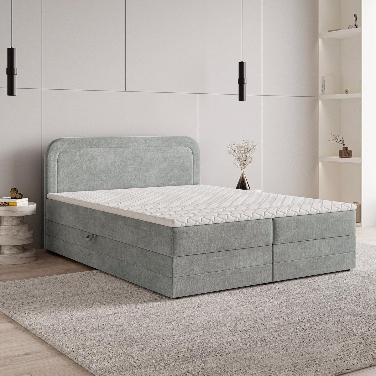 BOXBETT ARMEL 160x200 cm mit Matratze und Topper - Hellgrau - Hellgrau, Holz (160/200cm) - MASSENO