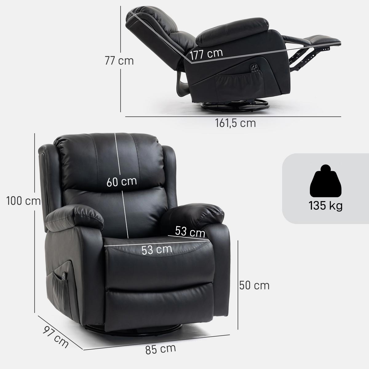 MASSAGESESSEL Kunstleder Schwarz - Schwarz, Leder/Metall (85/100/97cm) - HOMCOM