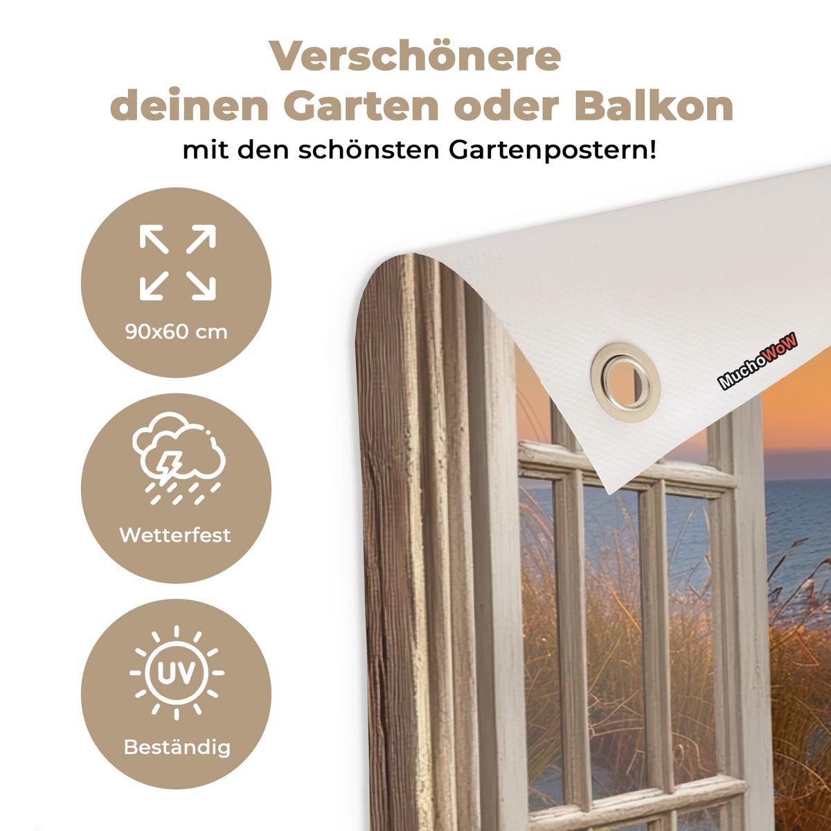 GARTENPOSTER Durchblick - Strand - Dünen - Sonnenuntergang Gartendeko 90x60 cm - Orange, Kunststoff (90/60/0.2cm) - OnlyWow