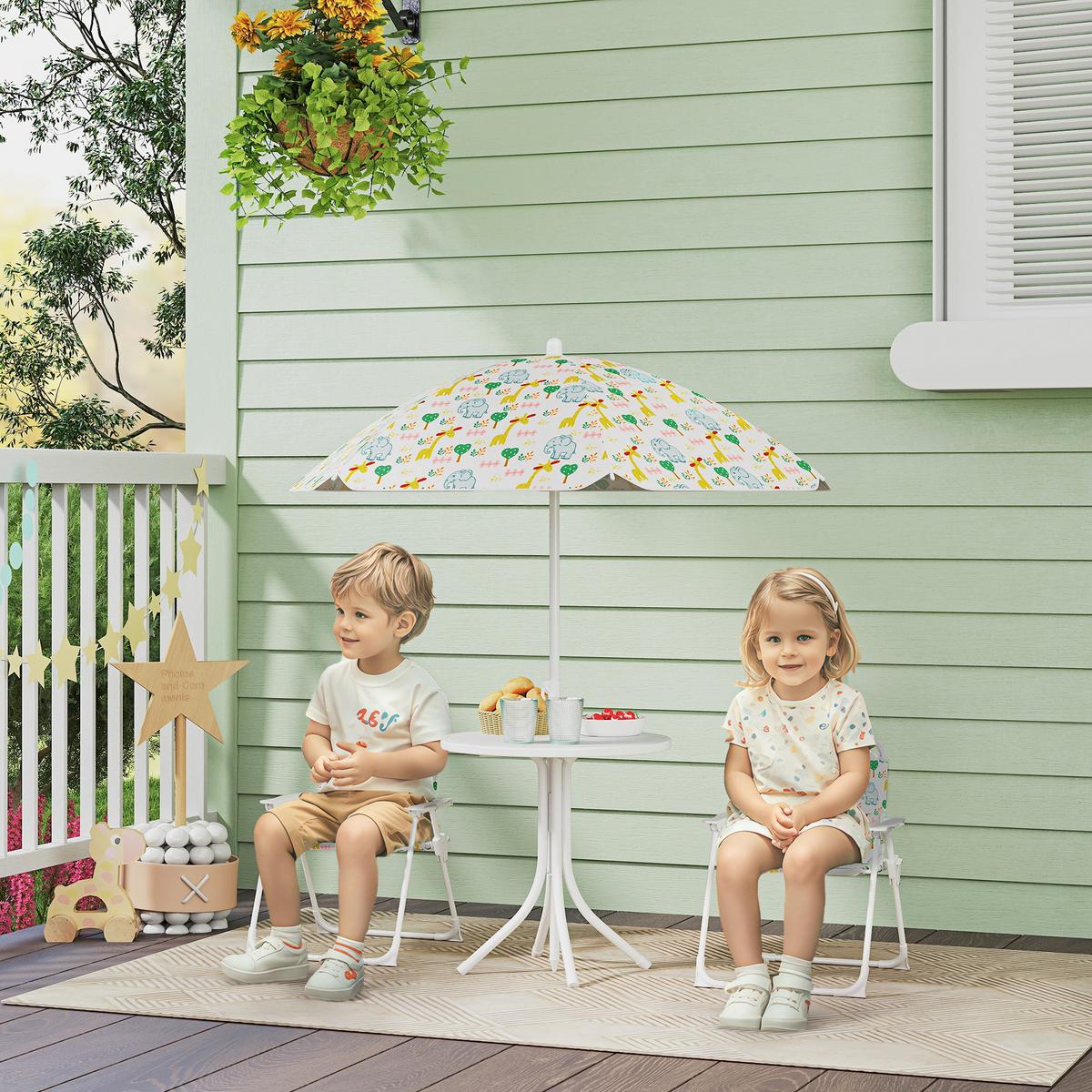 4 tlg. Kindersitzgruppe Garten mit Gartentisch 2 Klappstühle Sonnenschirm - Weiß, Metall - AIYAPLAY