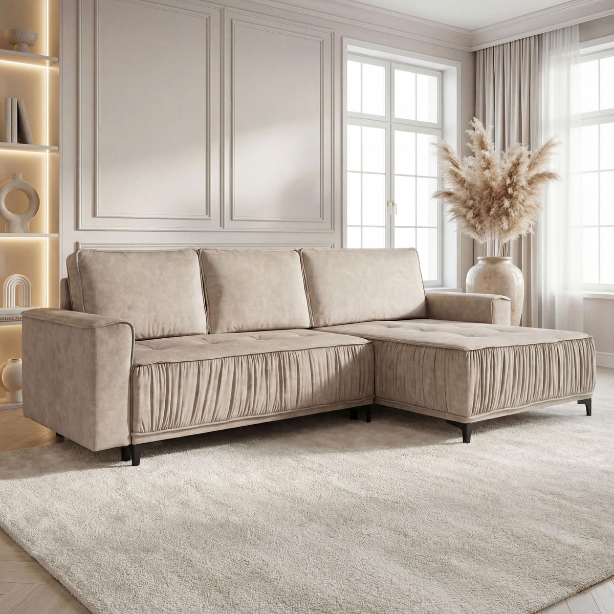 ECKSOFA Velora mit Schlaffunktion & Stauraum, Universell Rechts/Links, Beige Samt 270/92/150 cm - Ecru/Schwarz, Textil/Metall (270/150cm) - WFL GROUP