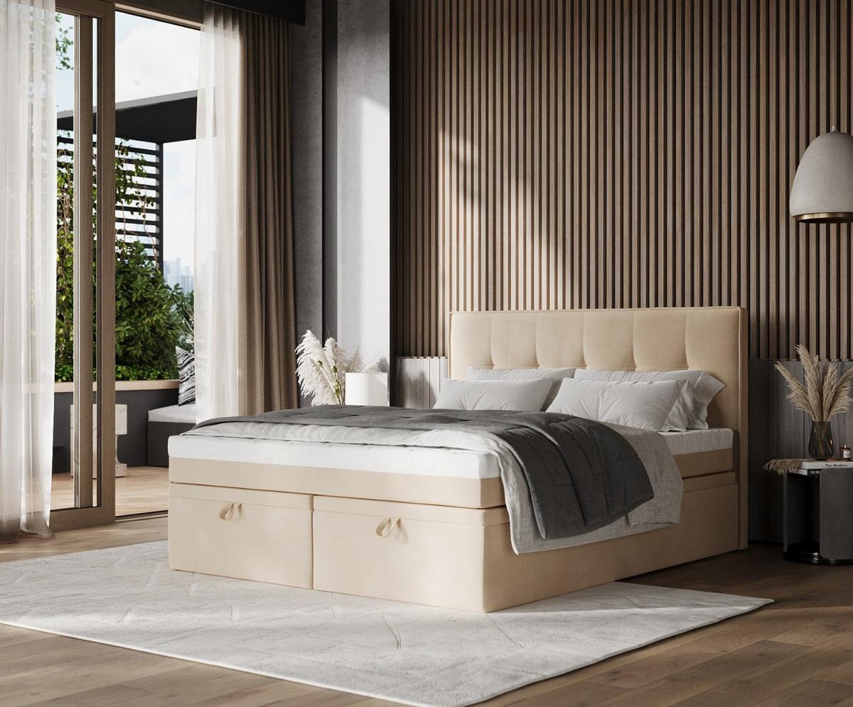 BOXBETT Arivo 140/200 cm Beige im Kronos Stoff - Beige/Schwarz, Holz/Holzwerkstoff (140/200cm) - AltaBeds