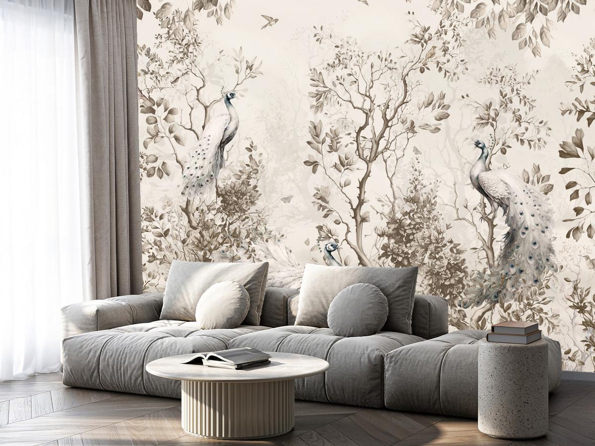 FOTOTAPETE für Wohnzimmer Pfauen Zwischen Bäumen Büsche Blätter 450x315 - Beige, Papier (450/315cm) - Muralo