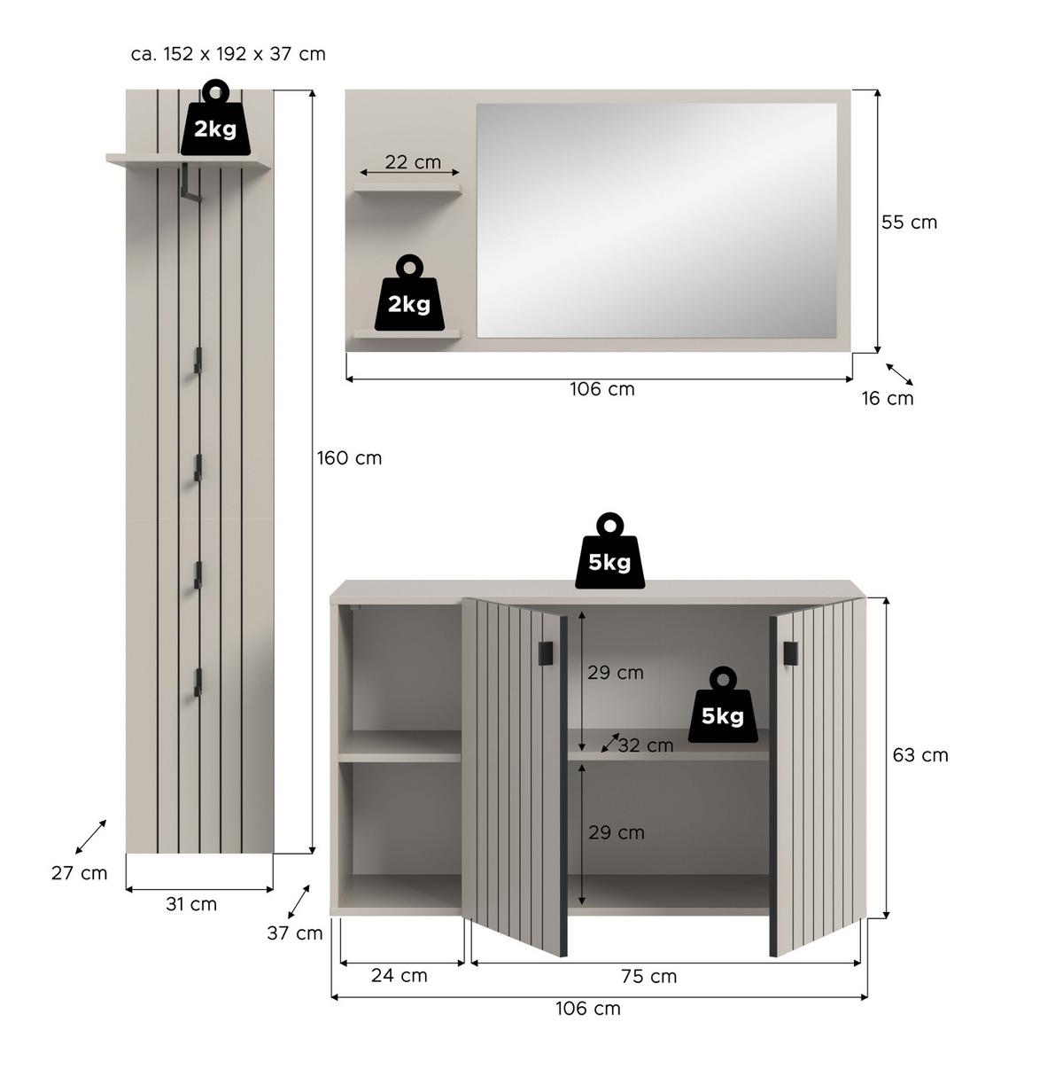 GARDEROBEN-SET 3-teilig Kaschmir 152 cm, Flur Garderobe hängend - Kaschmir/Schwarz, Glas/Holzwerkstoff (152/192/37cm) - Inn.Furn