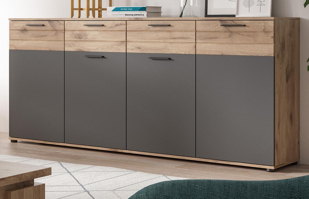 SIDEBOARD Eiche, grau 180 cm, Kommode mit Soft-Close, Wohn- und Esszimmermöbel - Eichefarben/Schwarz, Holzwerkstoff/Kunststoff (180/87/40cm) - Inn.Furn