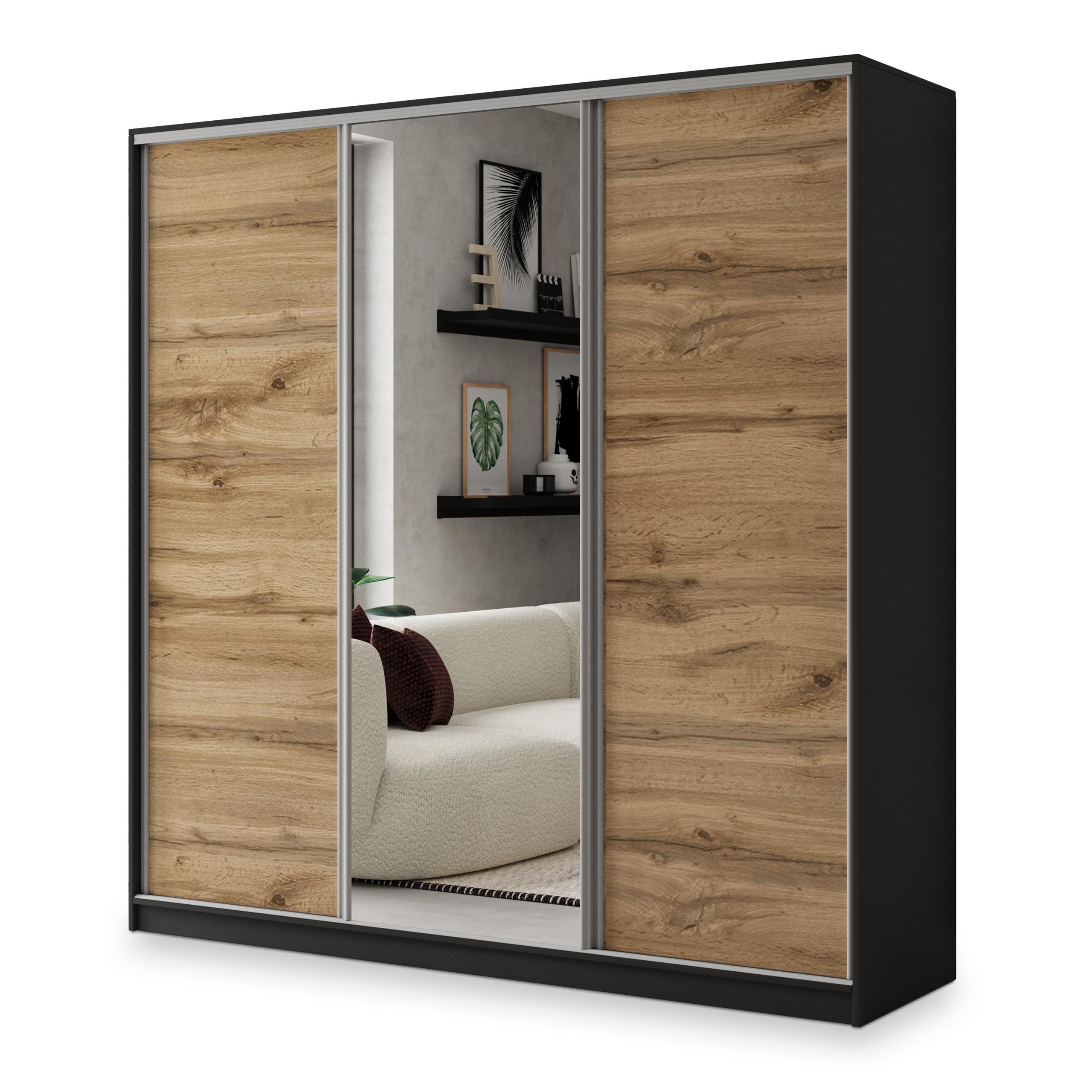 SCHWEBETÜRENSCHRANK SORE 200/205/58 cm 3-türig mit Spiegel und 4 Schubladen Schwarz - Eiche Wotan/Schwarz, Holzwerkstoff (200/205/58cm) - MASSENO