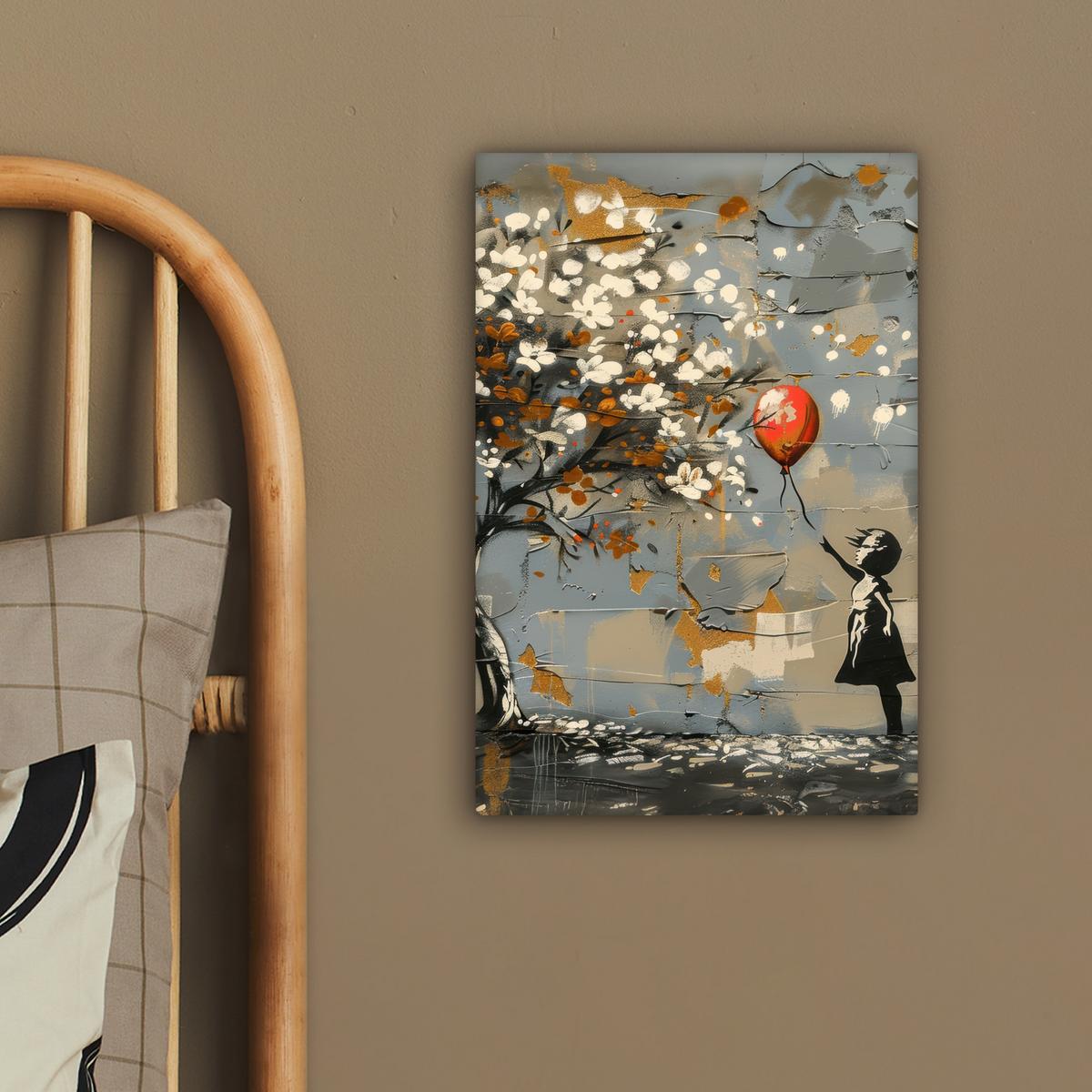 LEINWANDBILD Baum - Graffiti - Banksy-Stil - Ballon-Mädchen Deko Wohnzimmer 20x30 cm - Blaugrau, Textil (20/30cm) - MuchoWow