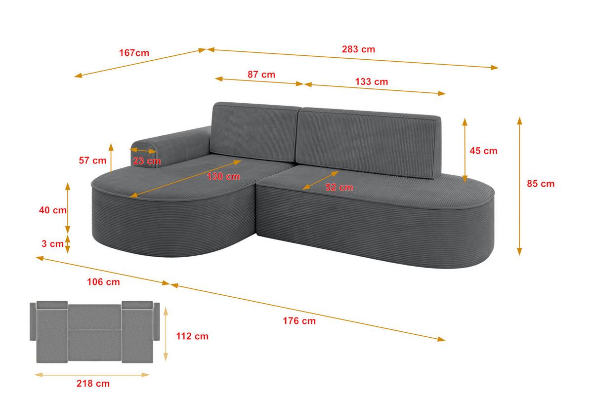 ECKSOFA mit Schlaffunktion und Bettkasten Ottomane Rechts MARI-L1-S - 283x167x85 cm Grau Cord - Graphitfarben/Schwarz, Holzwerkstoff/Kunststoff (167/283cm) - ALTDECOR