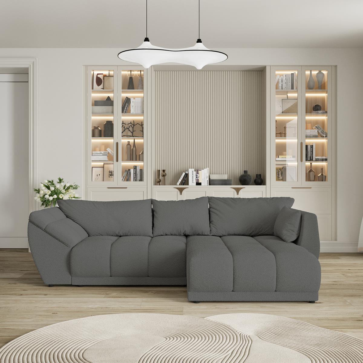 ECKSOFA ORENTI R-S Grau Boucle-Stoff mit Schlaffunktion - Grau, Holz (287/182cm) - MASSENO