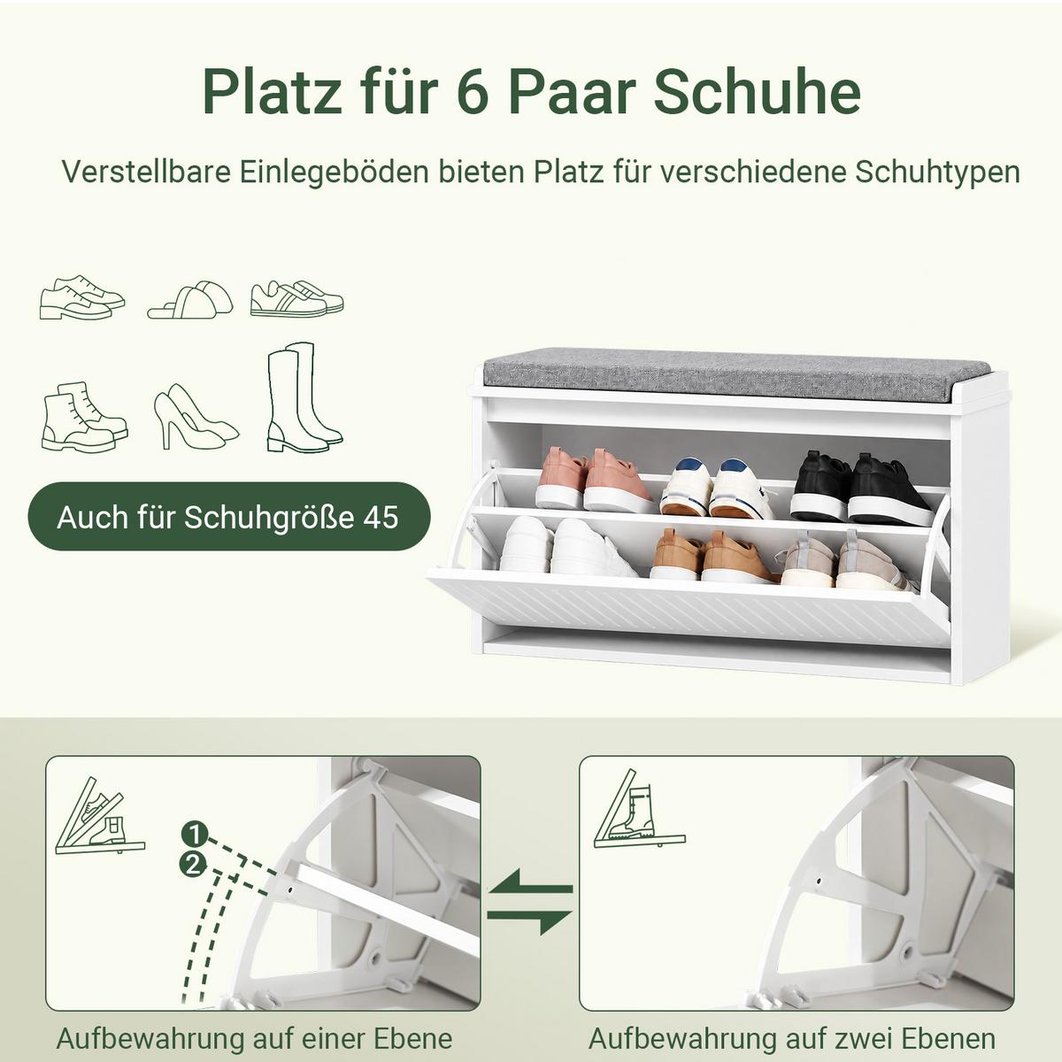 SCHUHBANK weiß, 80 x 45 x 26 cm, Sitzfläche bis 150 kg, 1 Klappe für 6 Paar bis EU 46, abnehmbares Sitzpolster - Weiß, Holzwerkstoff (80/45/26cm) - SoBuy