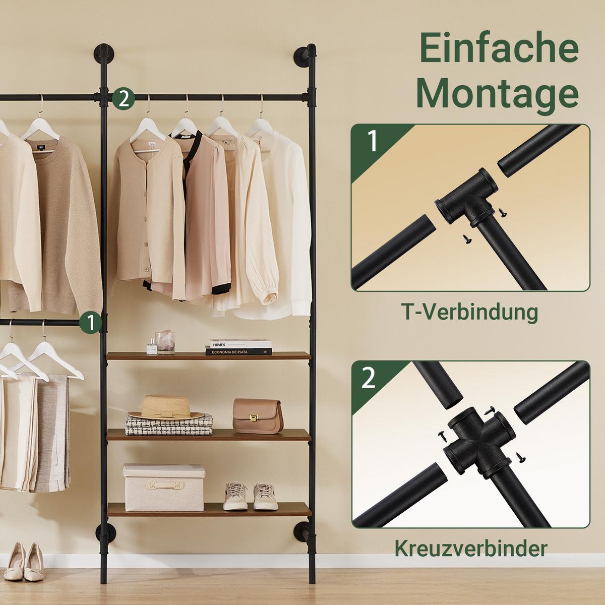 WANDGARDEROBE & Kleiderständer 220x168 cm, 3 Stangen und 3 Böden in Holzoptik, Schwarzes Stahlrohr, Industrial, Flur & Schlafzimmer - Schwarz, Kunststoff (168/220/46cm) - SoBuy
