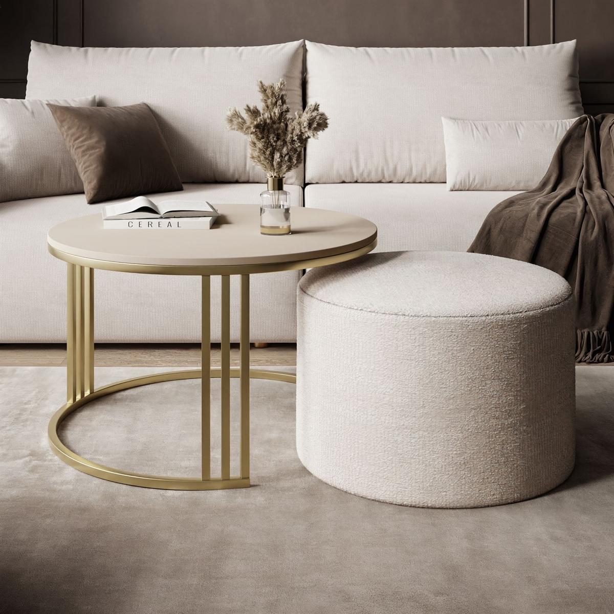 COUCHTISCH mit Hocker LORI MAT gebürstetes Gold/Kaschmir matt/Perfect Harmony 01 - Kaschmir, Metall (70/70/49cm) - Lookway