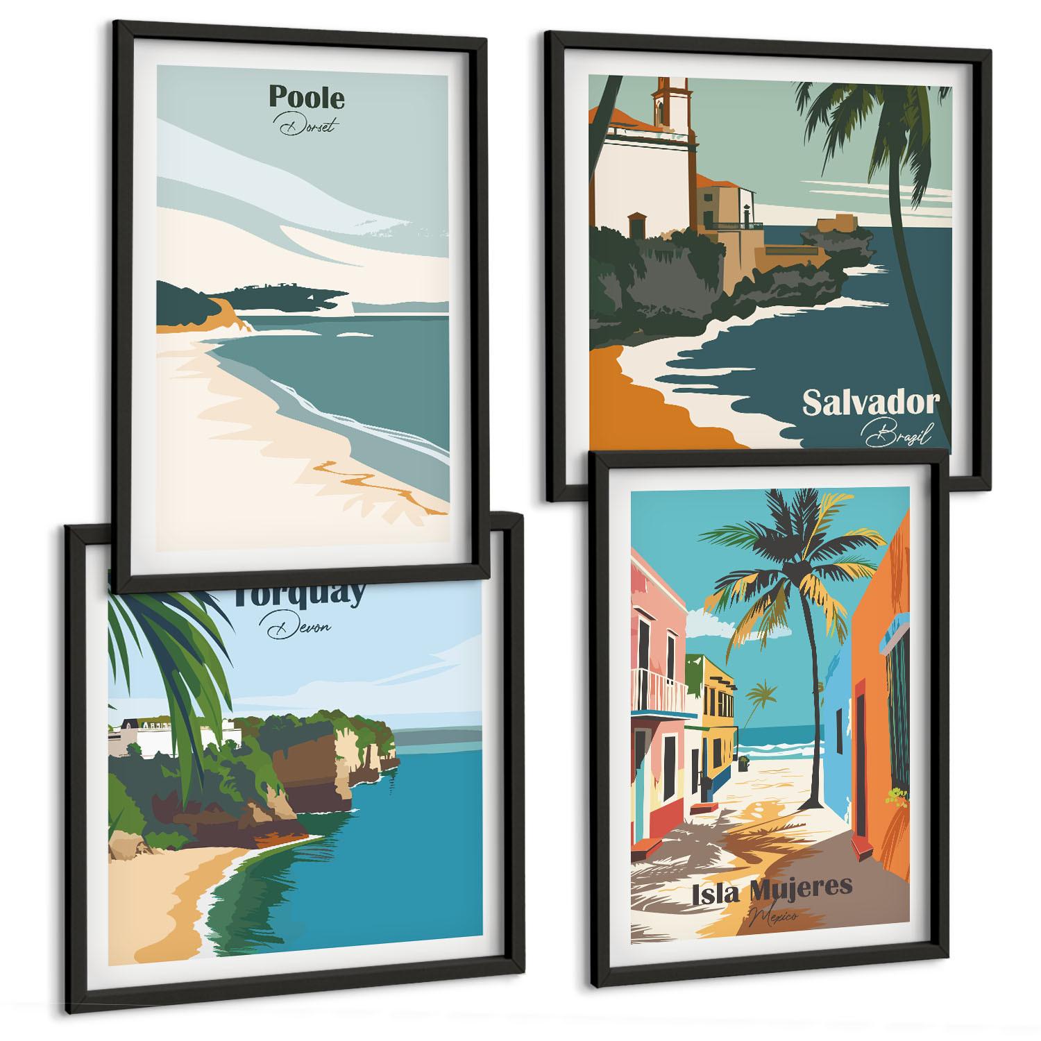 BILDER SET 4er Set - 50x50 cm & 40x60 cm Schwarzer Rahmen - Tropische Strände und Palmen - Schwarz, Kunststoff (50/50cm) - TULUP