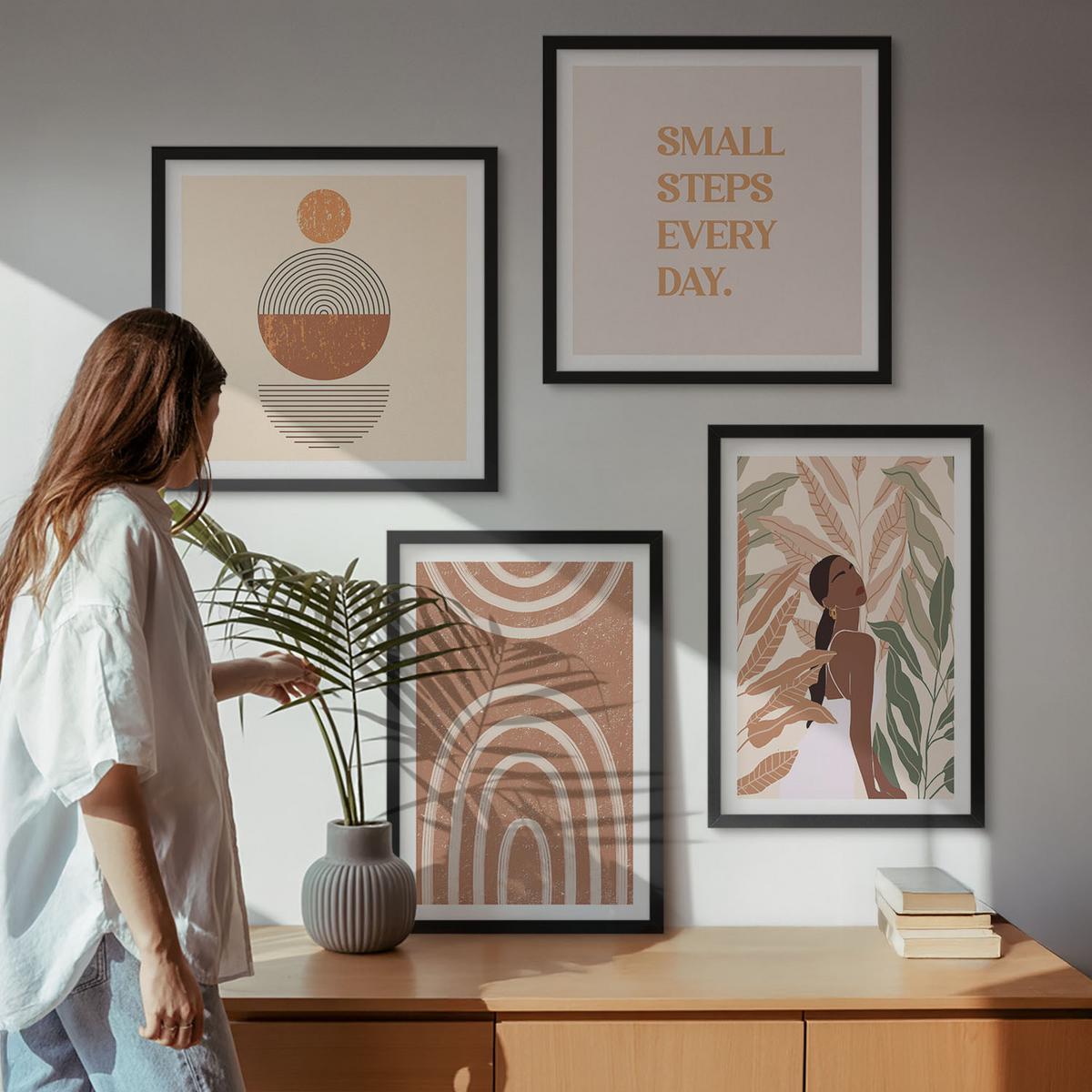 BILDER SET 4er Set - 50x50 cm & 40x60 cm Schwarzer Rahmen - Stilvolle Pflanzenmuster und Geometrie - Schwarz, Kunststoff (50/50cm) - TULUP