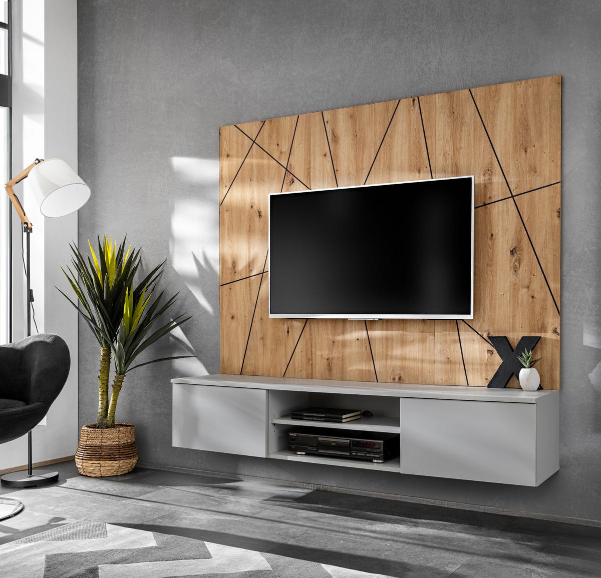 TV-LOWBOARD grau, Eiche Artisan 160, TV-Unterschrank hängend mit Akustikpaneel - Hellgrau/Eiche Artisan, Glas/Holzwerkstoff (160/148/35cm) - Inn.Furn