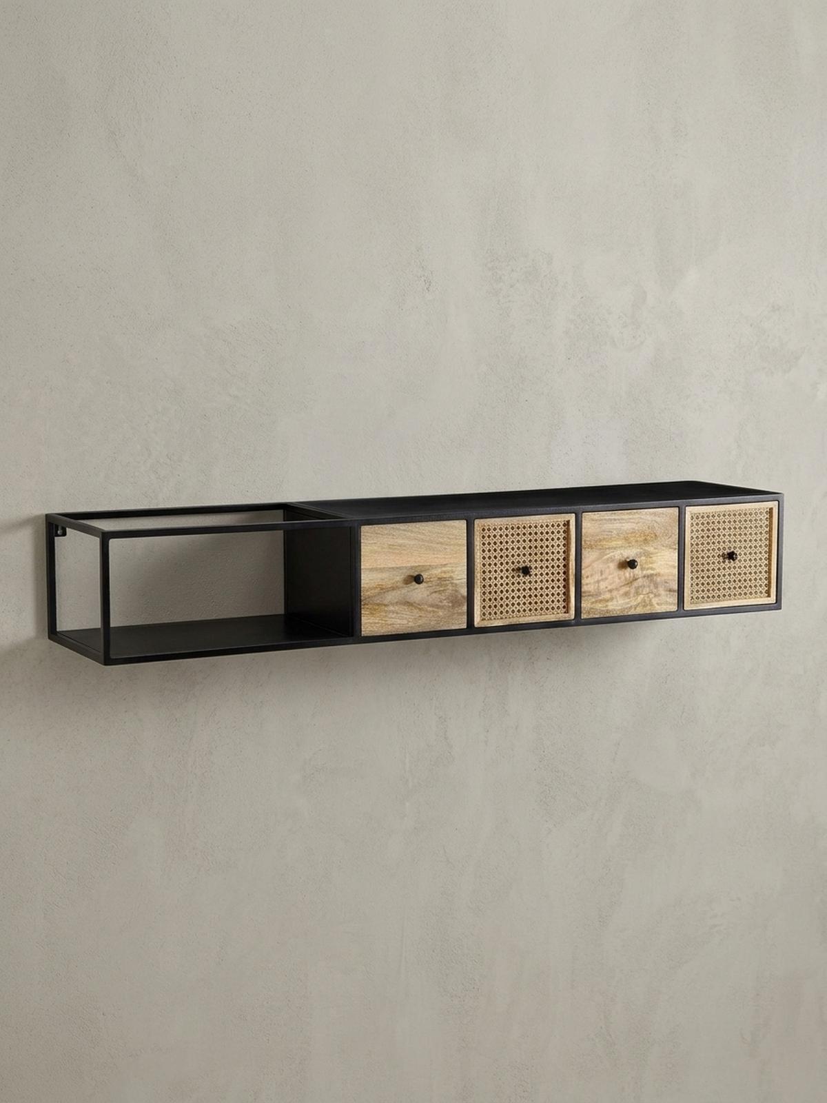 LOWBOARD Hängend Mango Massivholz Metall Modern Stil mit Schubladen und Rattan-Fronten - Schwarz, Holz/Metall (150/25/35cm) - KADIMA DESIGN