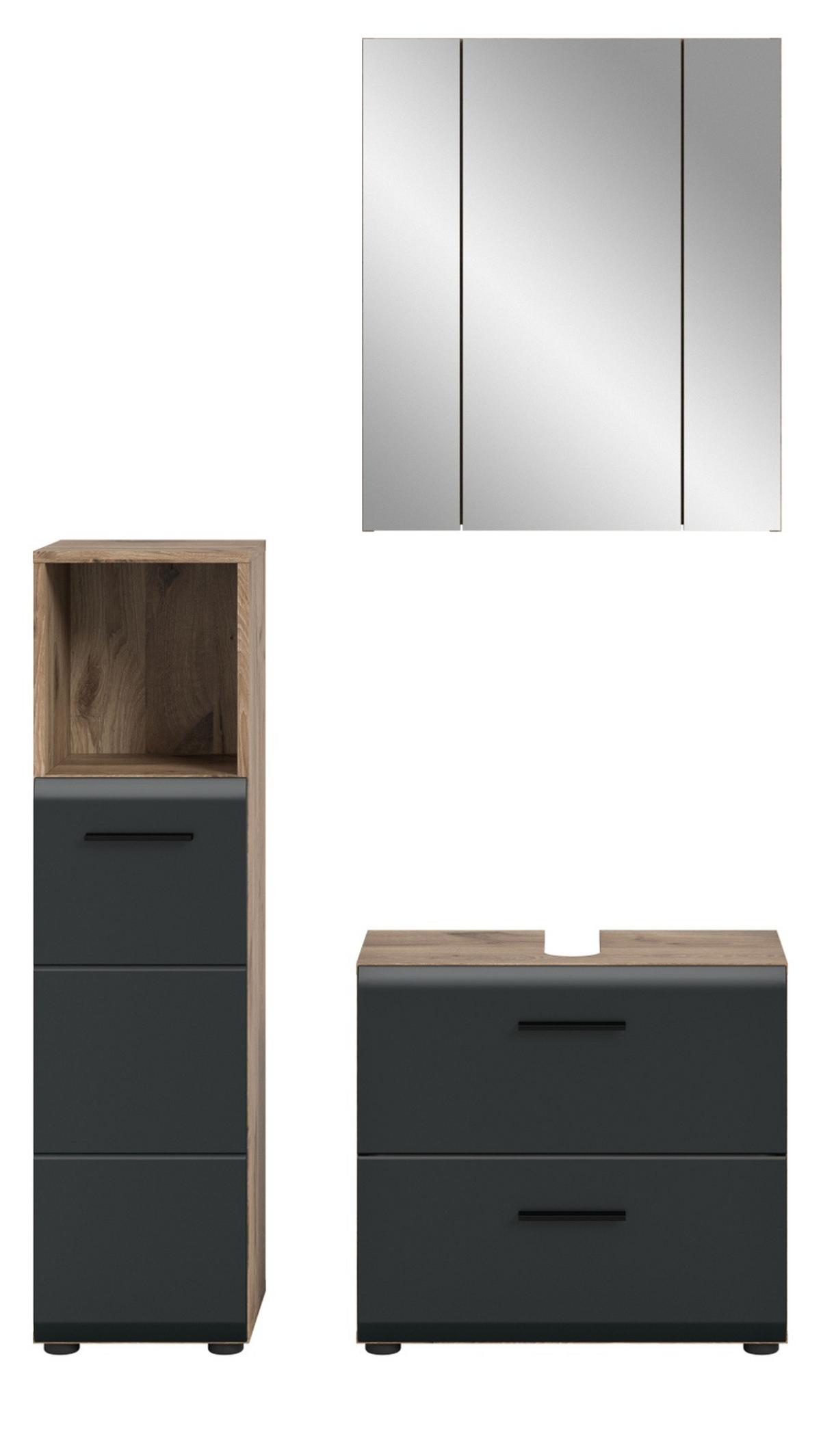 BADMÖBEL-SET 3-teilig schwarz matt, Nox Eiche, Badkombination 105 x 185 cm - Eichefarben/Schwarz, Glas/Holzwerkstoff (105/185/30cm) - Inn.Furn