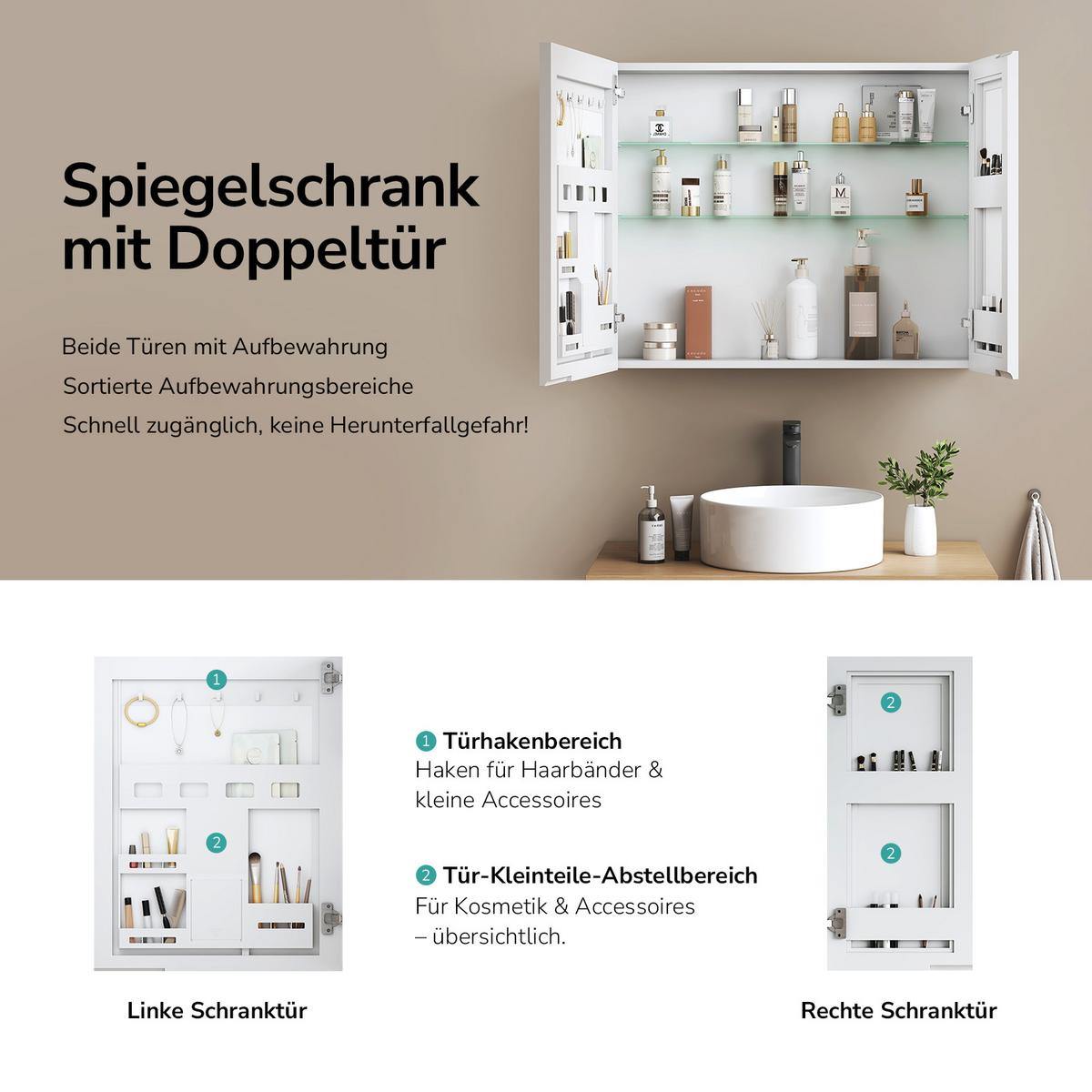SPIEGELSCHRANK mit Ablagefächern und Rückwand-Stauraum mattweiß 65/80 cm - Weiß, Glas (80/65/15cm) - EMKE
