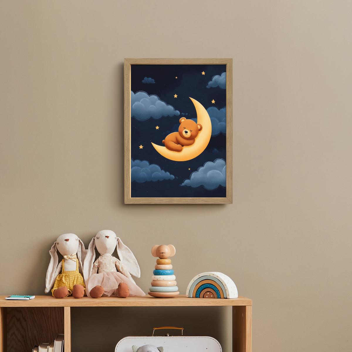 WANDLEUCHTE MIT AKKU Teddybär - Mond - Wolken - Sterne 30x40 cm - Dunkelblau, Holzwerkstoff (30/40/8cm) - OnlyWow