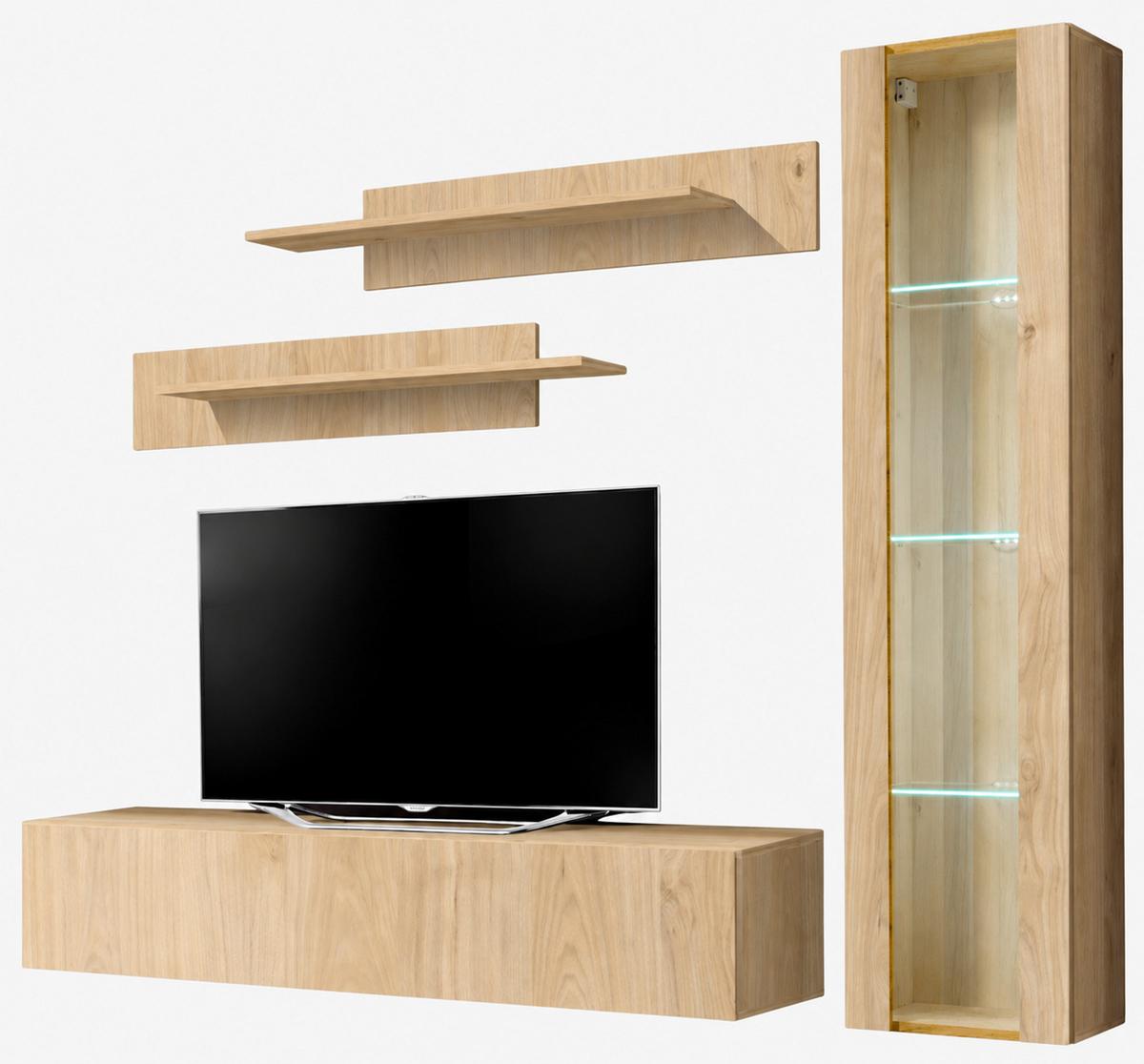 WOHNWAND Eiche Jackson 210 cm 4-teilig hängend, Anbauwand mit LED-Beleuchtung - Eichefarben, Glas/Holzwerkstoff (210/170/40cm) - Inn.Furn