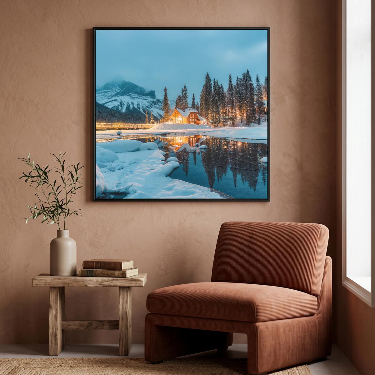 LEINWAND Bilder mit Rahmen - Winterlandschaft - Natur - Haus - Berge - Schnee - 90x90 - Hellblau, Textil (90/90cm) - MuchoWow