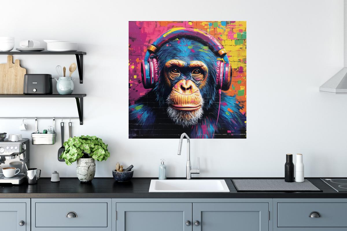 WANDTATTOO Graffiti - Schimpanse - Straßenkunst - Kopfhörer - Affe Wanddeko 50x50 cm - Blau, Kunststoff (50/50/0.1cm) - MuchoWow