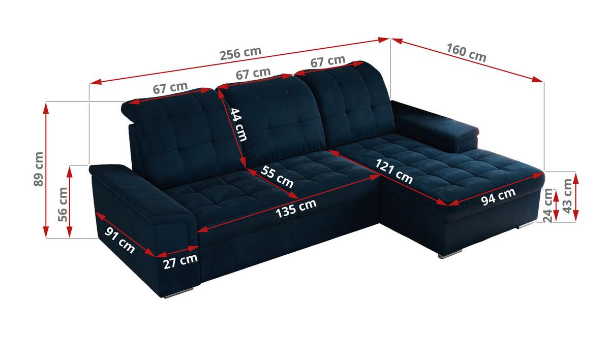 ECKSOFA MADRITO L - Dunkelblau Velorus - Links - Silberfarben/Dunkelblau, Textil/Metall (160/256cm)