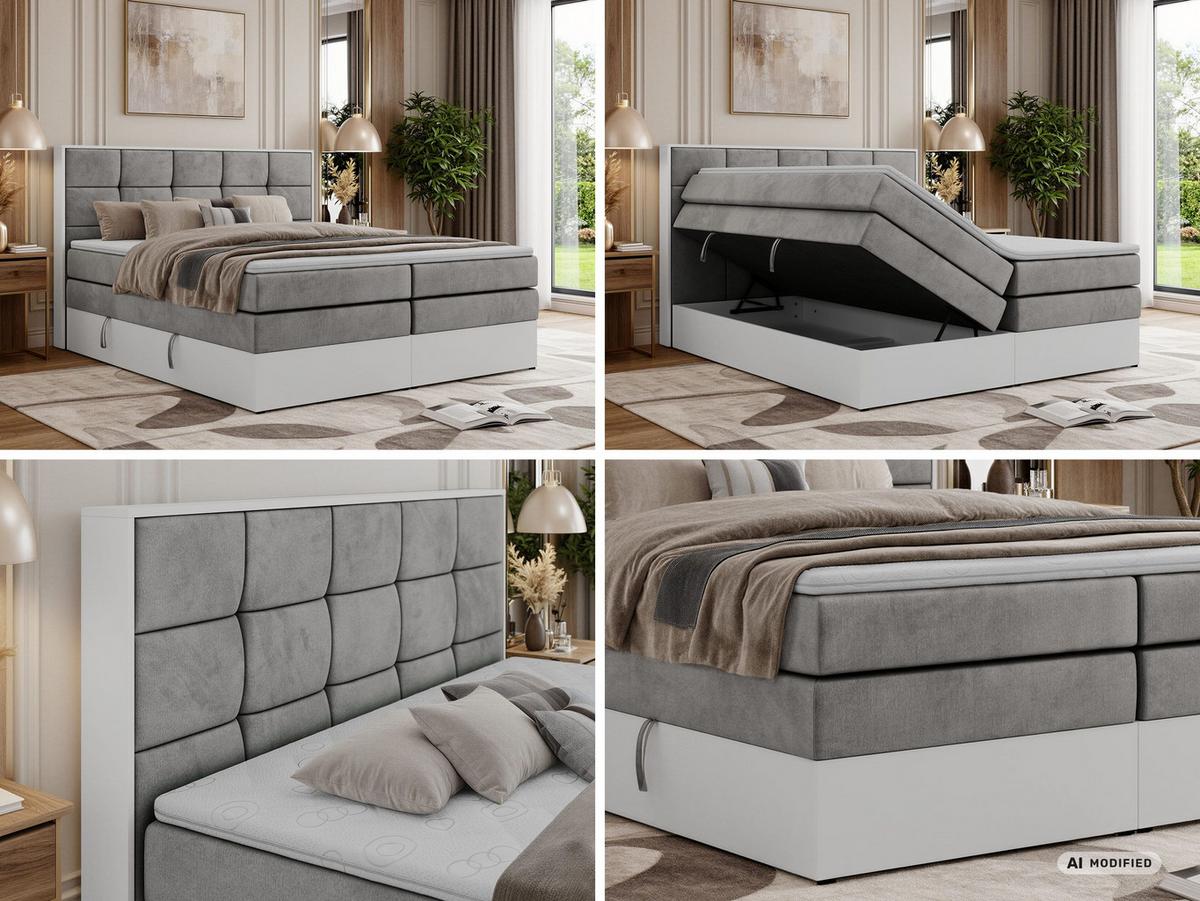 BOXSPRINGBETT ALVIT KING 140/200 - Hellgrau Velvet - Topper Visco - H3 - Hellgrau/Schwarz, Kunststoff/Textil (140/200cm) - MKS