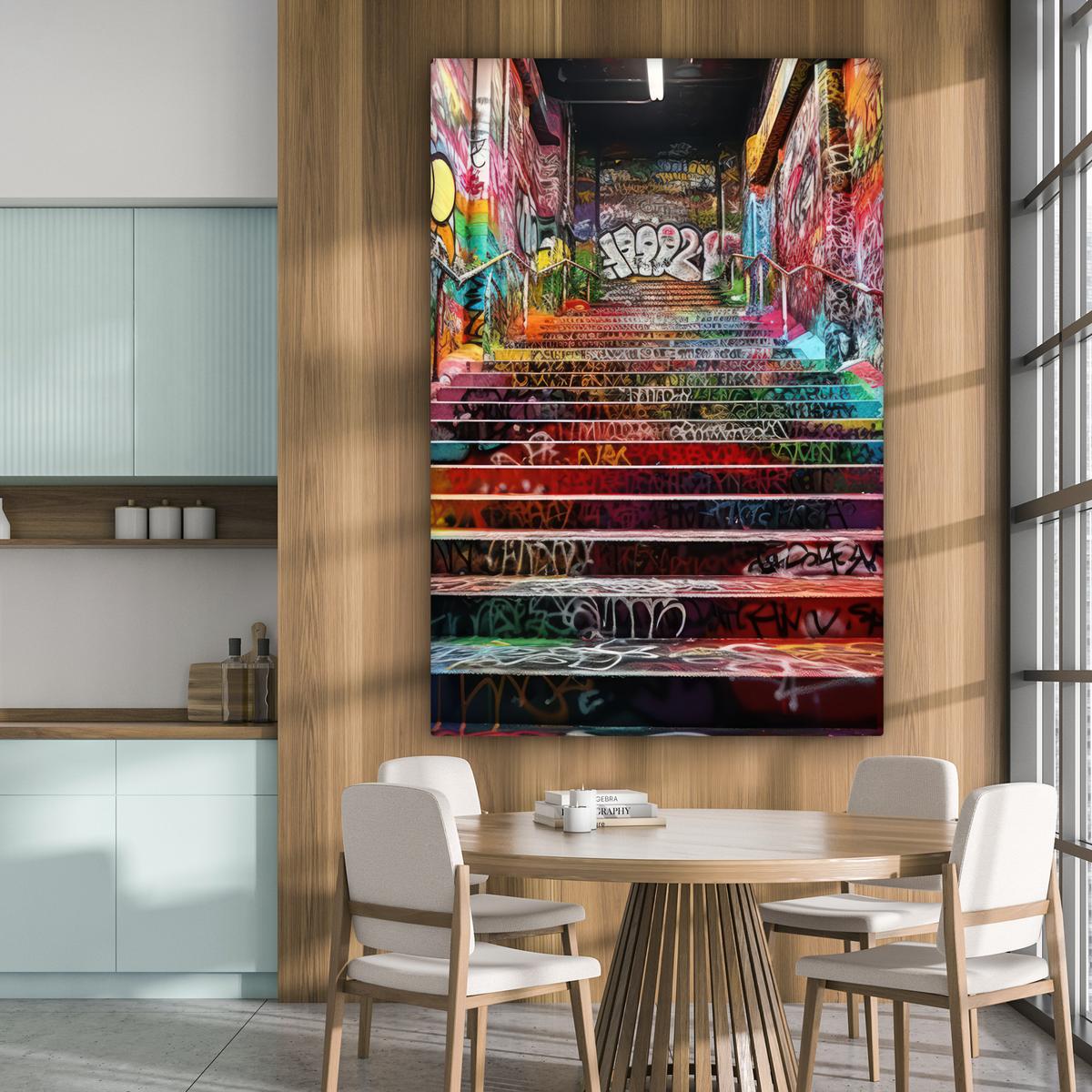LEINWANDBILD Treppe - Graffiti - Farben - Kunst Deko Groß 90x140 cm - Multicolor, Textil (90/140cm) - MuchoWow