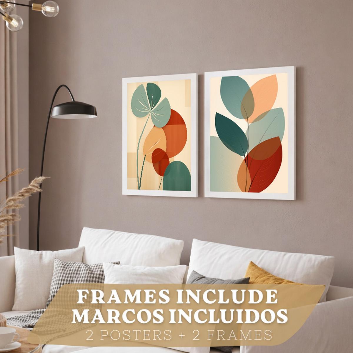 POSTER 2er-Set Wandbilder Blätter Pflanzen modern Wohnzimmer Deko, Schlafzimmer, Küche, Badezimmer Weißer Rahmen A4 - Weiß, Papier (29.7/1/21cm) - Nacnic