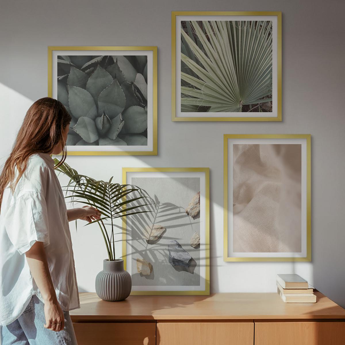 BILDER SET 4er Set - 50x50 cm & 40x60 cm Goldrahmen - Steine, Holz, Stofftexturen - Goldfarben, Kunststoff (50/50cm) - TULUP