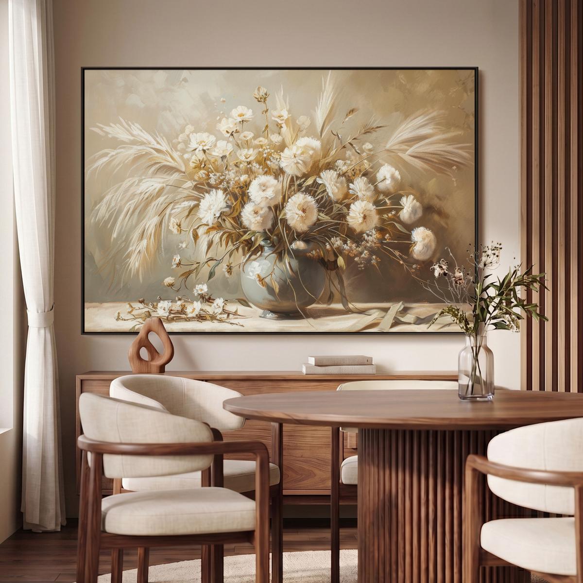 LEINWAND Bilder mit Rahmen - Blumen - Vase - Stilleben - Beige - 120x80 - Creme, Textil (120/80cm) - MuchoWow