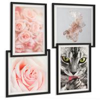BILDER SET 4er Set - 50x50 cm & 40x60 cm Schwarzer Rahmen - Abstrakte Darstellung von grauen Katzenrosen - Schwarz, Kunststoff (50/50cm) - TULUP