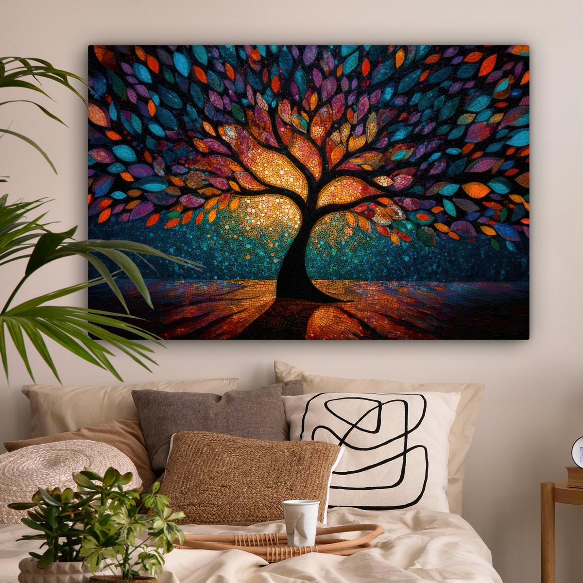 LEINWANDBILD Mosaik - Bunt - Baum - Äste Wohnzimmer Groß 120x80 cm - Multicolor, Textil (120/80cm) - MuchoWow