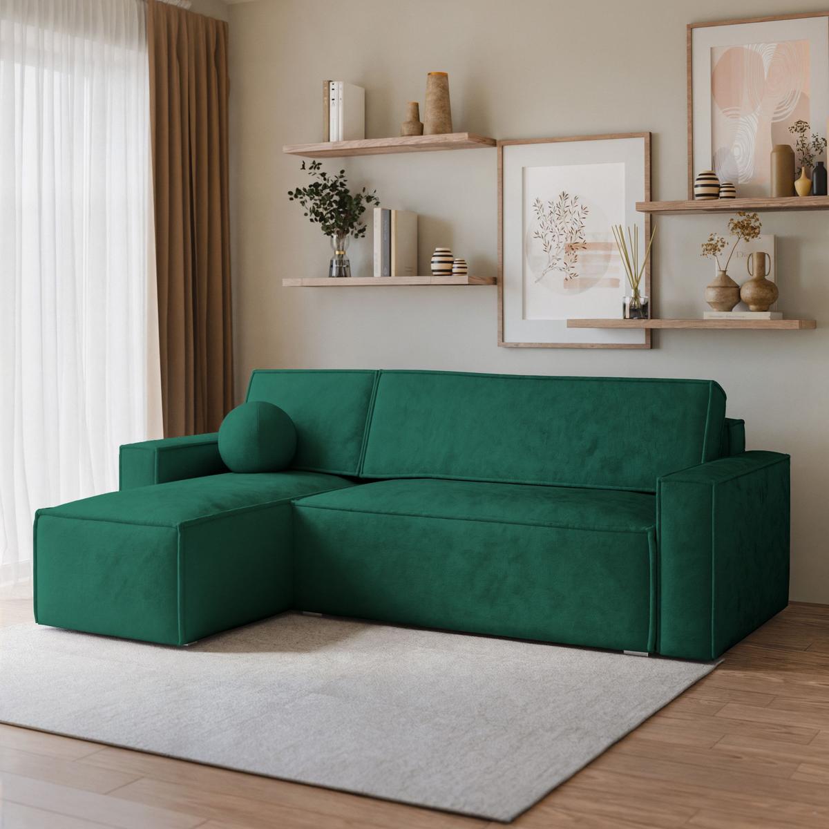 ECKSOFA RAVELO M Grün Velours-Stoff mit Schlaffunktion - Grau/Grün, Holz/Kunststoff (240/140cm) - MASSENO