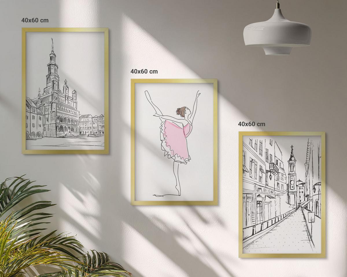 BILDER SET 3er Set - 40x60 cm Goldrahmen - Stilvolle Ballerinen und Architektur - Goldfarben, Kunststoff (40/60cm) - TULUP