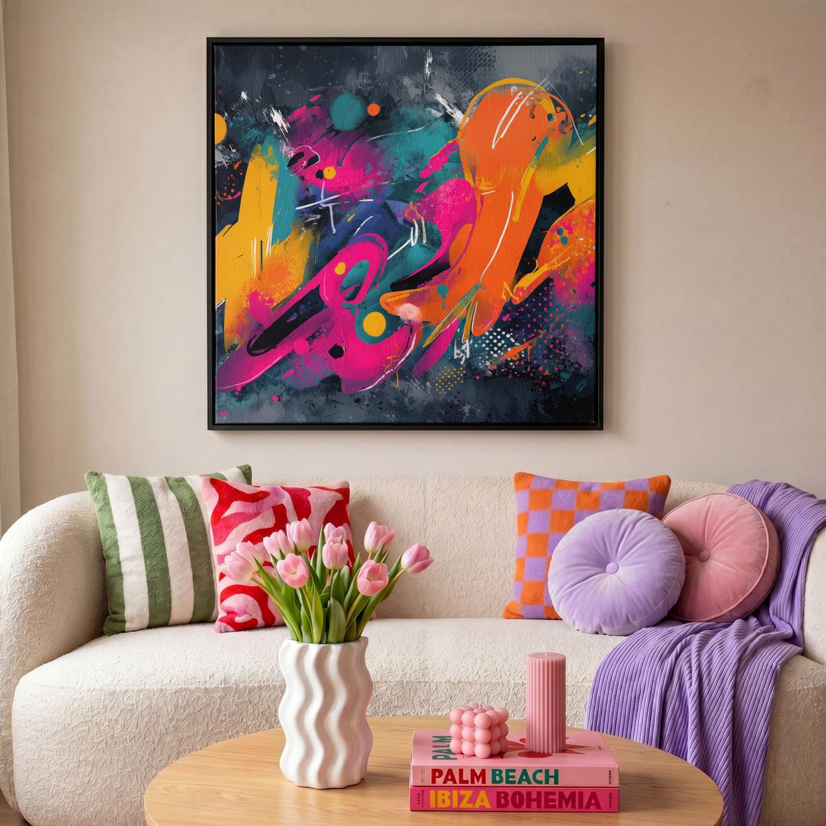 LEINWAND Bilder mit Rahmen - Abstrakt - Graffiti - Farbenfroh - Farbspritzer - 90x90 - Multicolor, Textil (90/90cm) - MuchoWow