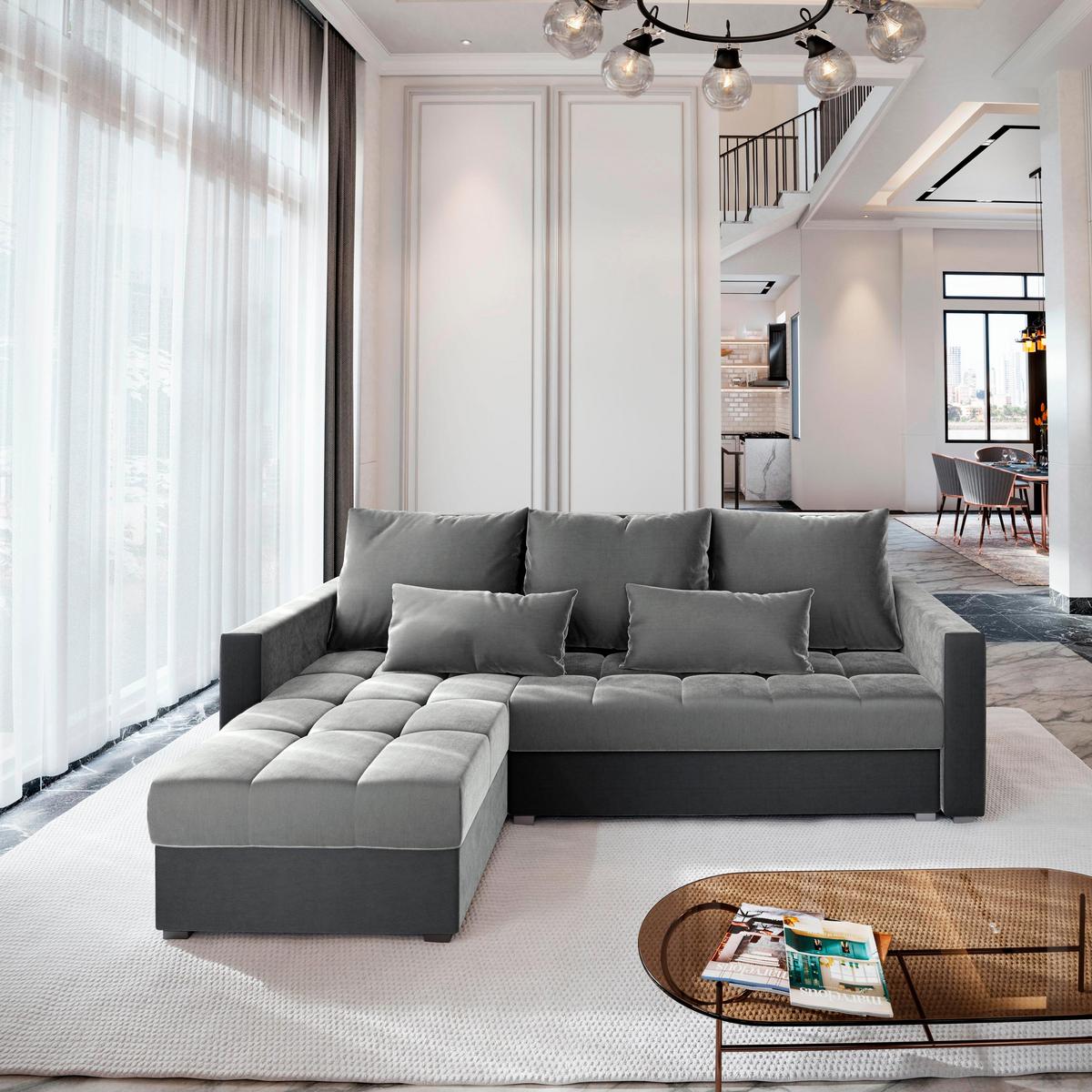 ECKSOFA KOS PIK Hellgrau Plüsch-Stoff mit Schlaffunktion - Hellgrau/Grau, Holz/Kunststoff (220/140cm) - MASSENO