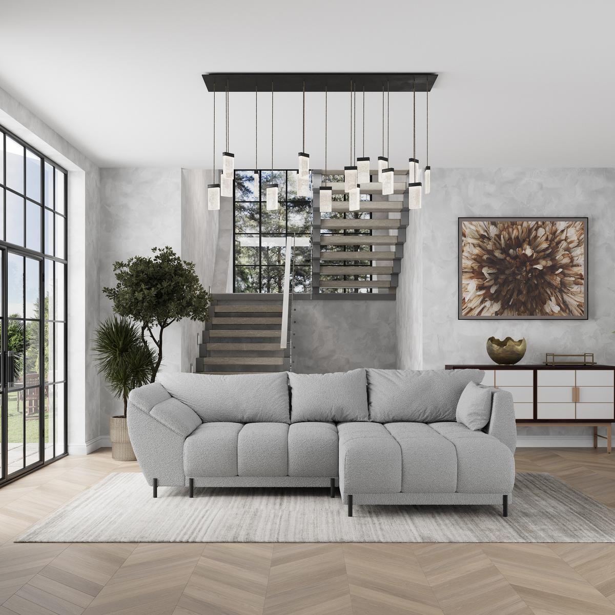 ECKSOFA VESTANO R-S Hellgrau Boucle-Stoff mit Schlaffunktion - Hellgrau, Holz (287/182cm) - MASSENO