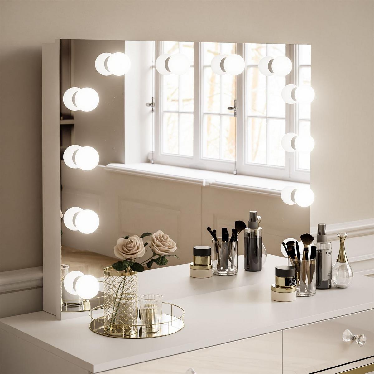 SCHMINKTISCH BLANCO GOLD ELITE mit Spiegel und Beleuchtung Weiß Hochglanz Kristallgriff - Weiß Hochglanz/Goldfarben, Holzwerkstoff (100/146/42cm) - Lookway