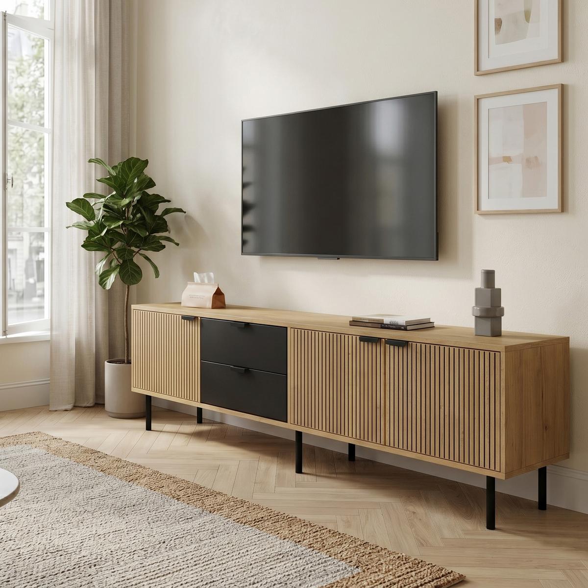 TV-LOWBOARD Lowboard 208cm Schwarz & Holzoptik für 85 Zoll, 3 Schränke und 2 Schubladen - Naturfarben, Holzwerkstoff (208/48/40cm) - Urban Meuble