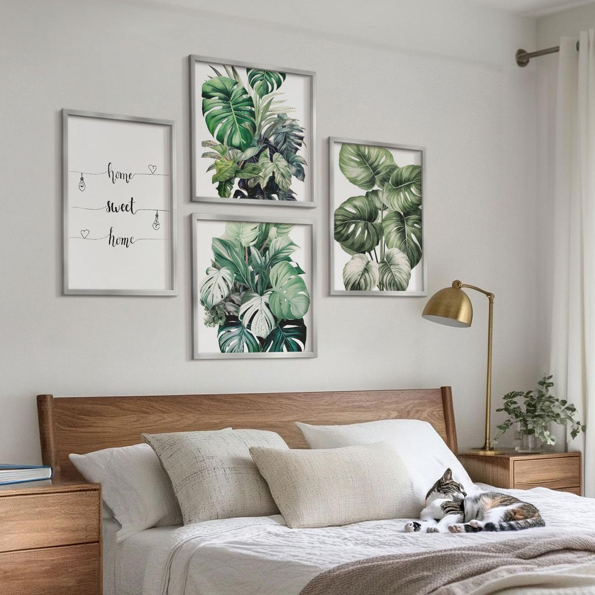 BILDER SET 4er Set - 50x50 cm & 40x60 cm Silberner Rahmen - Aquarell-Monstera-Blätter - Silberfarben, Kunststoff (50/50cm) - TULUP