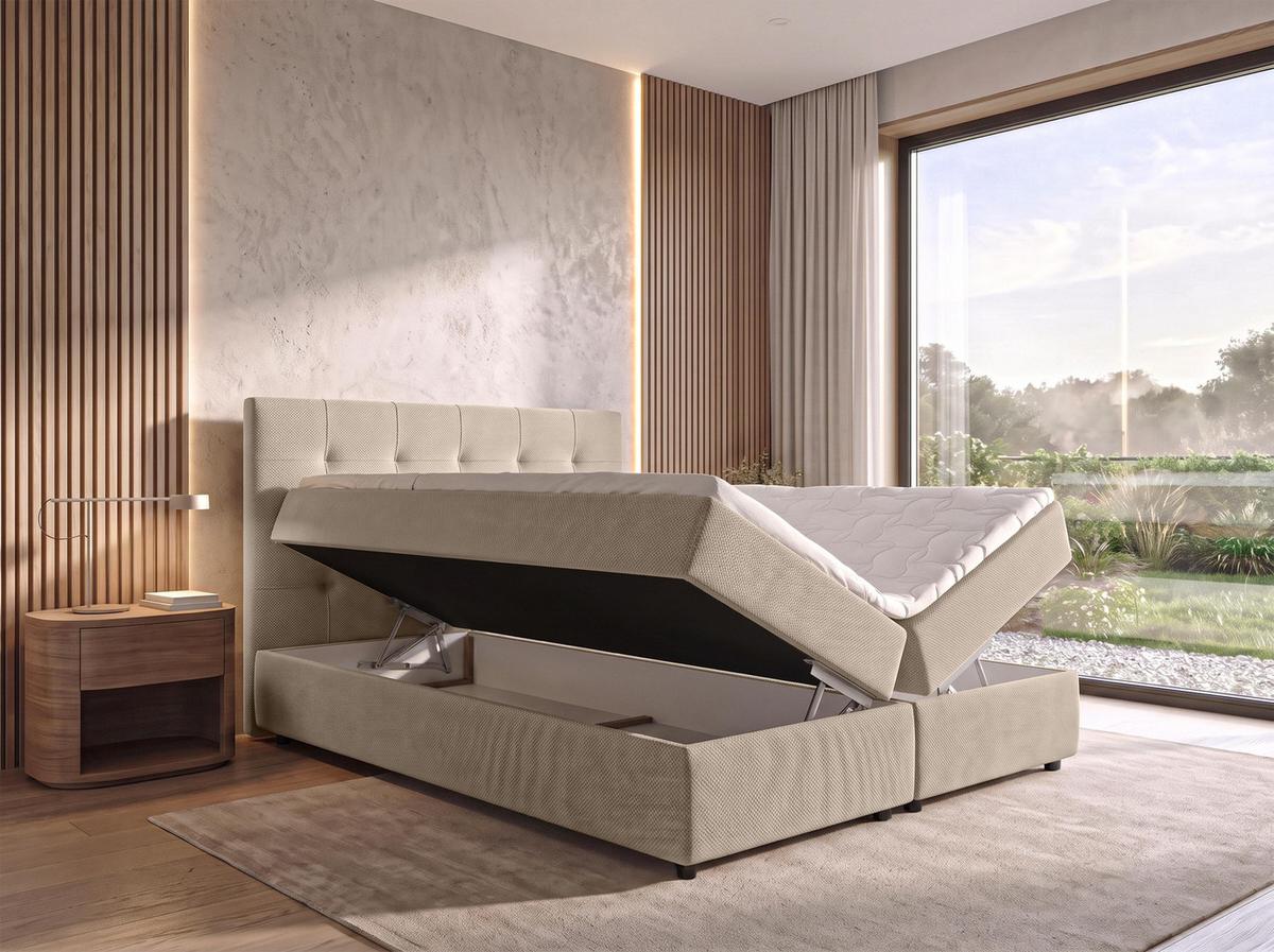BOXBETT SAKARYA 140x200 cm mit Bettkasten und Matratze - Creme + TOPPER - Creme/Schwarz, Holz/Holzwerkstoff (140/200cm) - AX Living