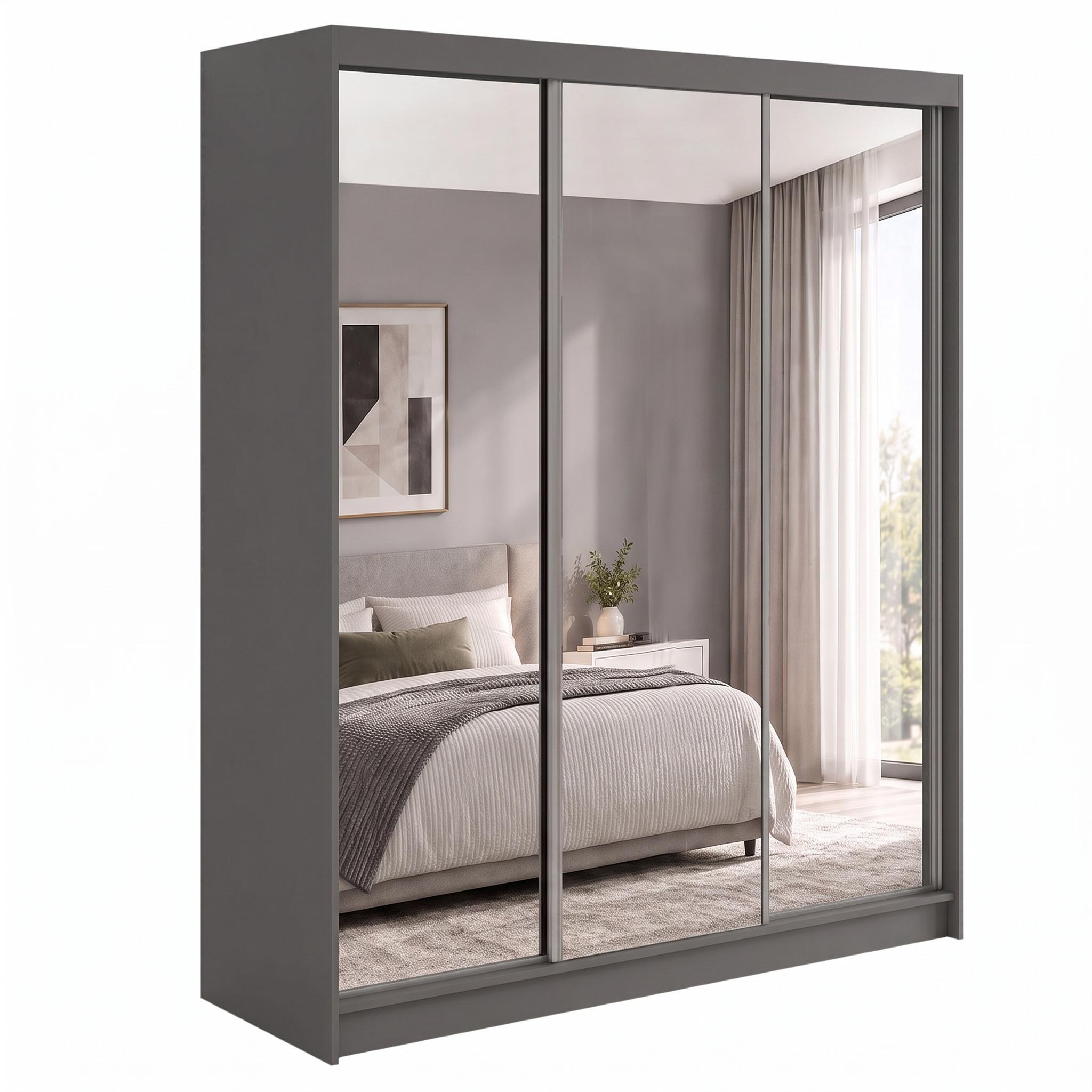 SCHWEBETÜRENSCHRANK Debra mit 3 Türen, 180/216/61 Graphitfarben mit Spiegel - Schwarz, Holzwerkstoff (180/216/61cm) - Beautysofa