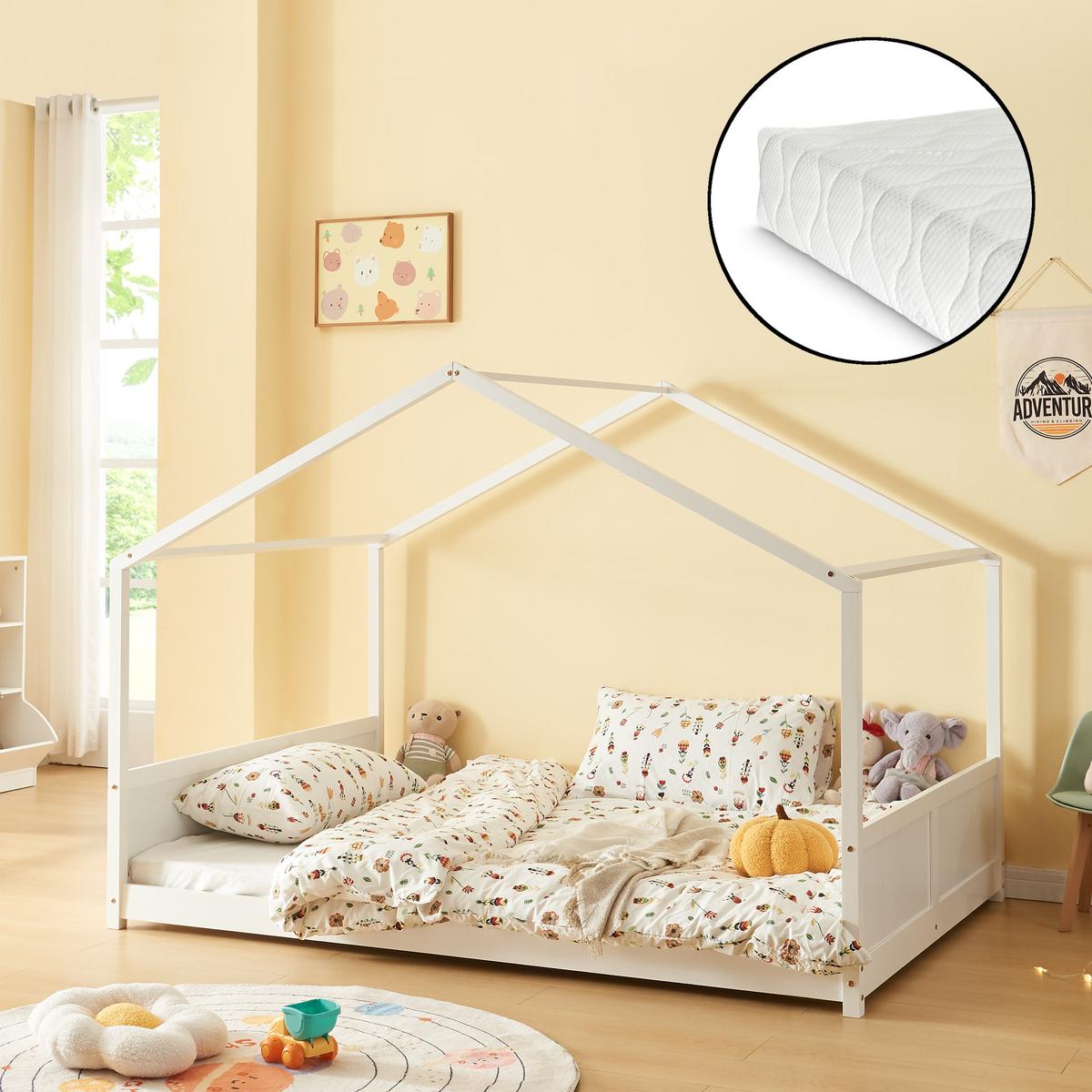 KINDERBETT Simo mit Matratze - Weiß, Holz (140/200cm) - [en.casa]
