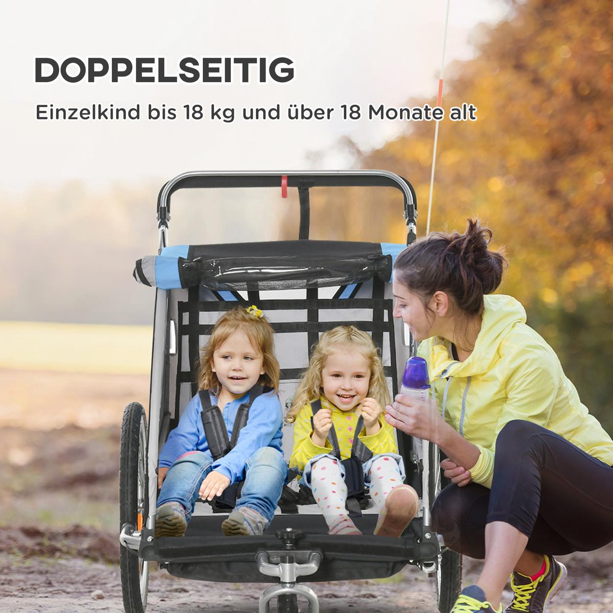 2 in 1 Kinderfahrradanhänger, Kinderanhänger, Fahrradanhänger, Blau - Blau, Metall (75/101/142cm) - HOMCOM