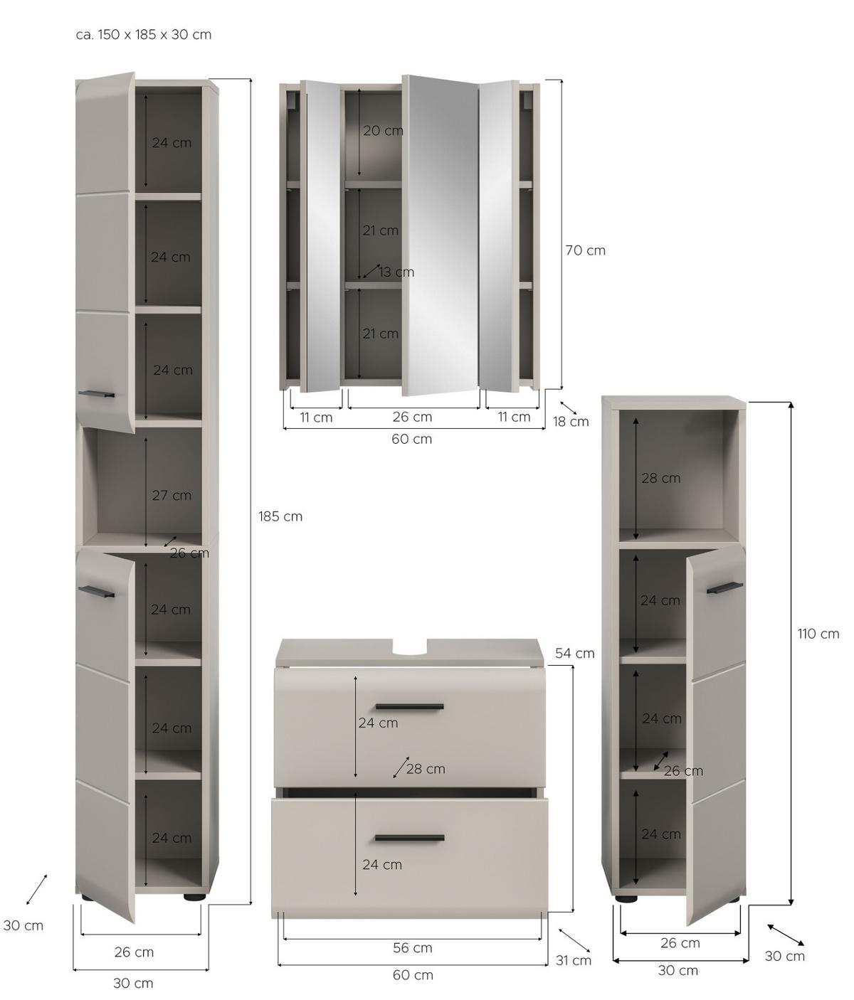 BADMÖBEL-SET Kaschmir 150 cm 4-teilig, Badezimmer Schränke mit viel Stauraum - Kaschmir/Schwarz, Glas/Holzwerkstoff (150/185/30cm) - Inn.Furn