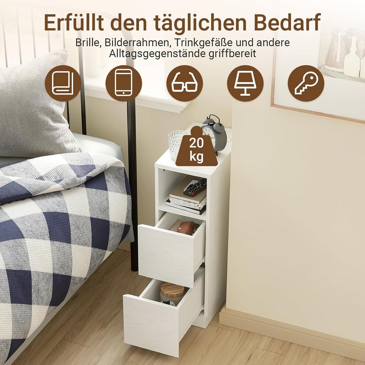 NACHTTISCH schmal mit Ladefunktion und LED-Sensorleuchte, 20x35x60cm - Weiß, Holzwerkstoff (35/60/20cm) - SoBuy