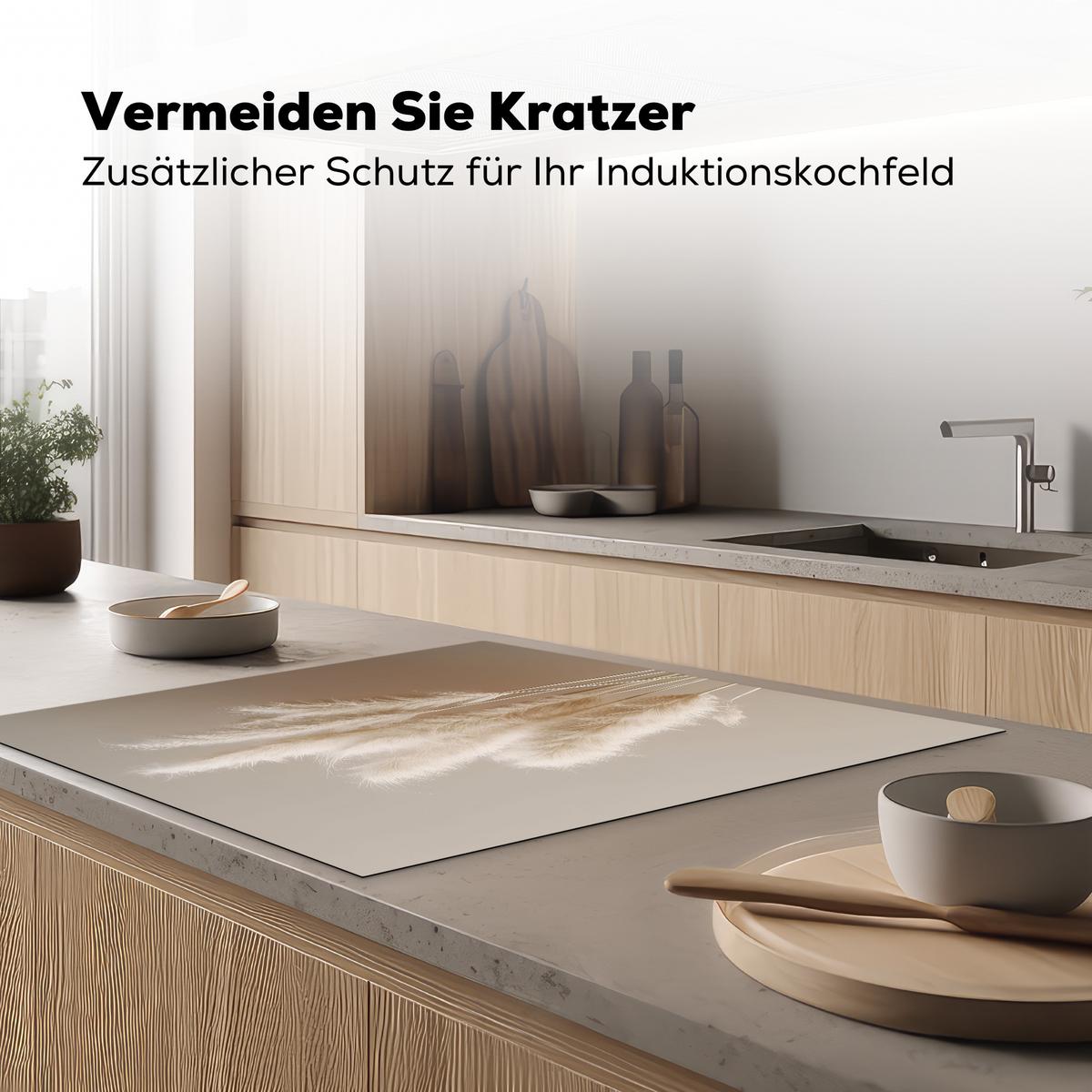 HERDABDECKPLATTE Pampasgras - Federn - Pastell - Weiß Induktionsmatte 78x78 cm - Creme, Kunststoff (78/78/0.2cm) - MuchoWow